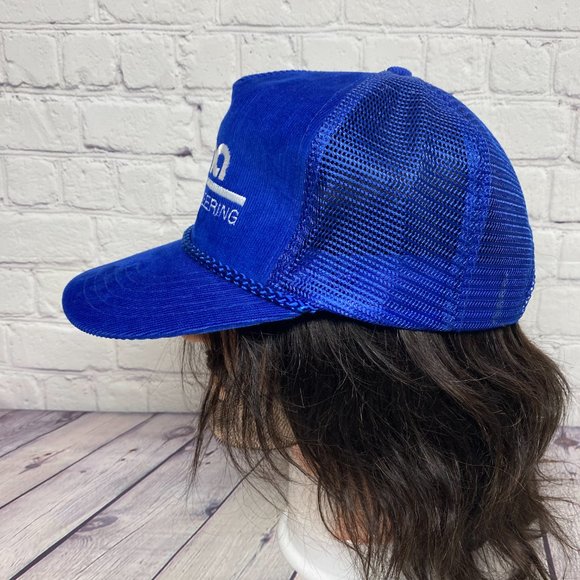 Vintage Trucker Hat Mesh Corduroy Rope Cap Snapback Blue UMA Engineering 90s - Picture 2 of 8